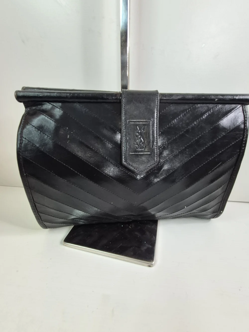Yves Saint Laurent Black Chevron Leather Clutch - Picture 1 of 11